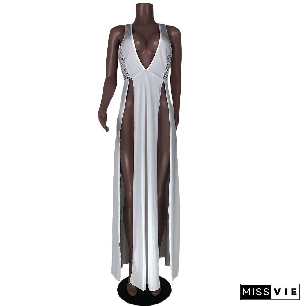 Deep V Neck Sleeveless High Split Beach Maxi Dress