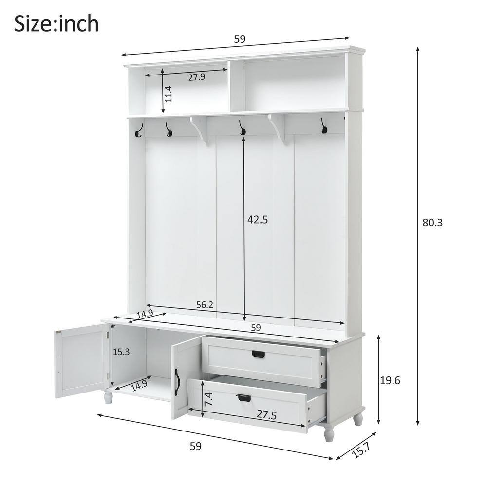 URTR Modern Style White Hall Tree with Storage Cabinet and 2-Large Drawers Widen Mudroom Bench with 5-Coat Hooks WYX-675W