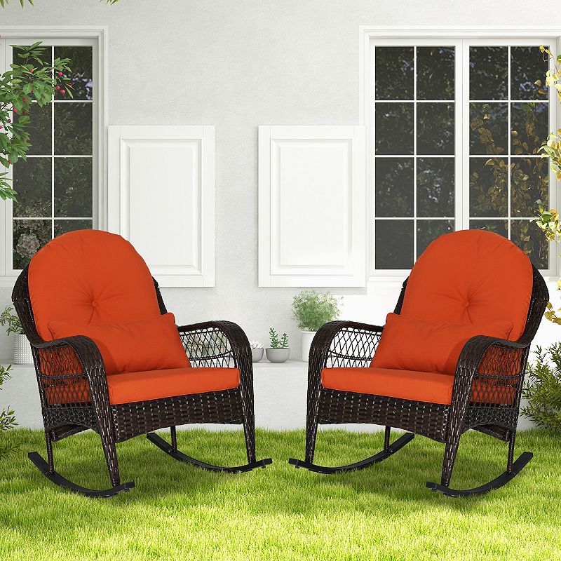 Patio Rattan Rocking Chair with Seat Back Cushions and Waist Pillow