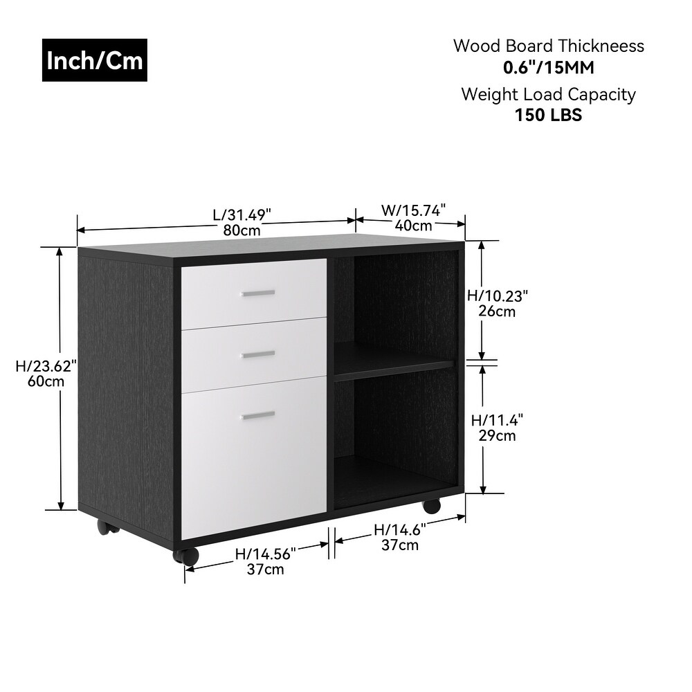 Wooden Black Filing Cabinet with 3 Drawers and Two Open Shelves   Mobile Design with Wheels