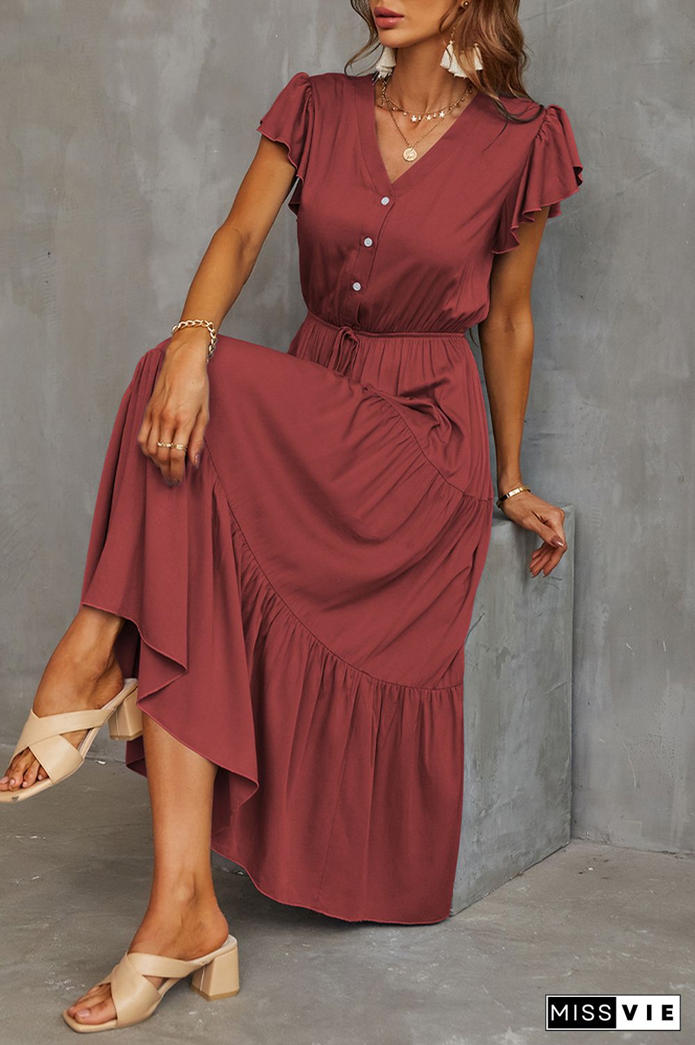 Solid Color Ruffles Short Sleeve Midi Dress Wholesale