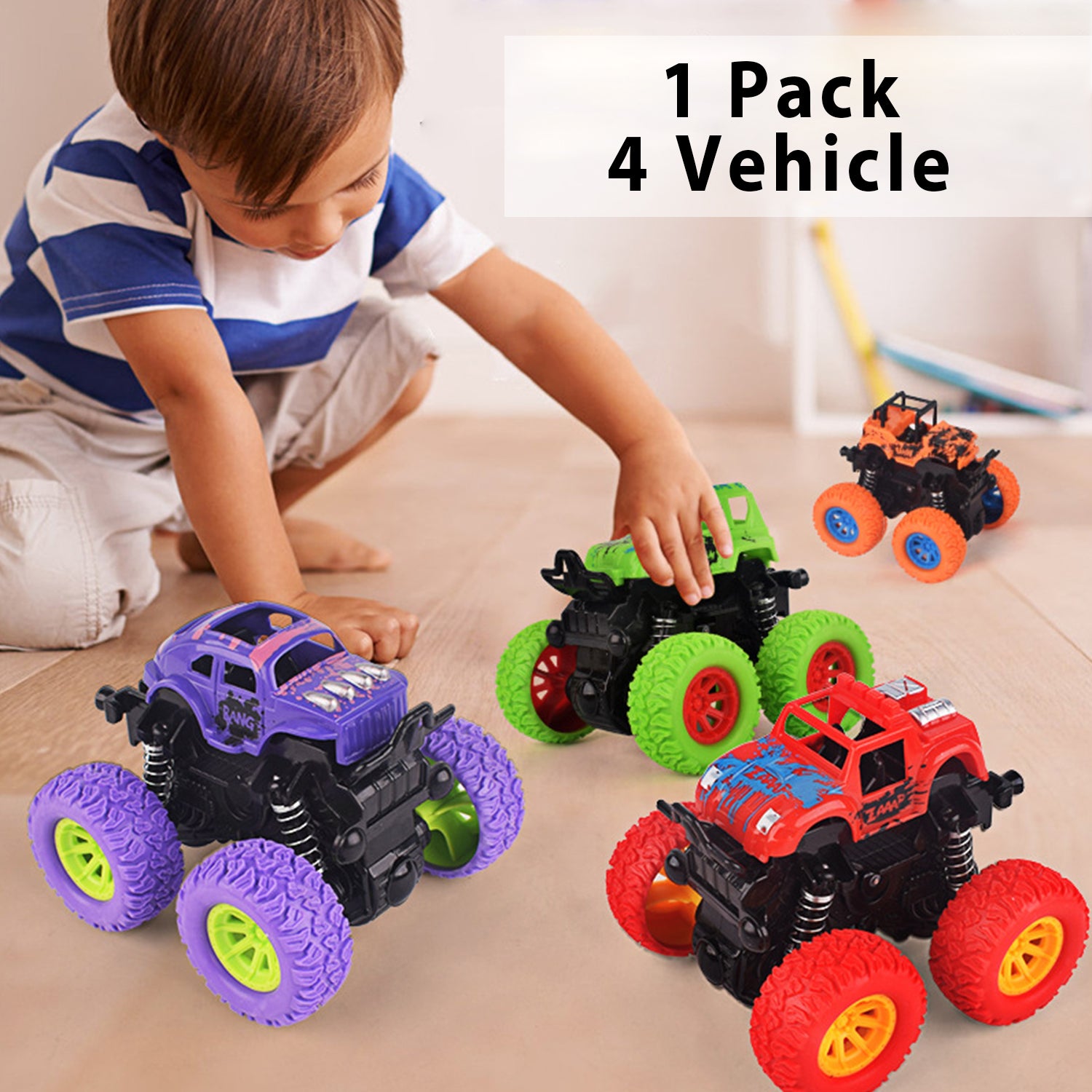 FANL Monster Truck Toys， 4-Pack Friction Powered Toy Cars Push and Go Vehicles for Kids， Stunk 360° Roating Toy