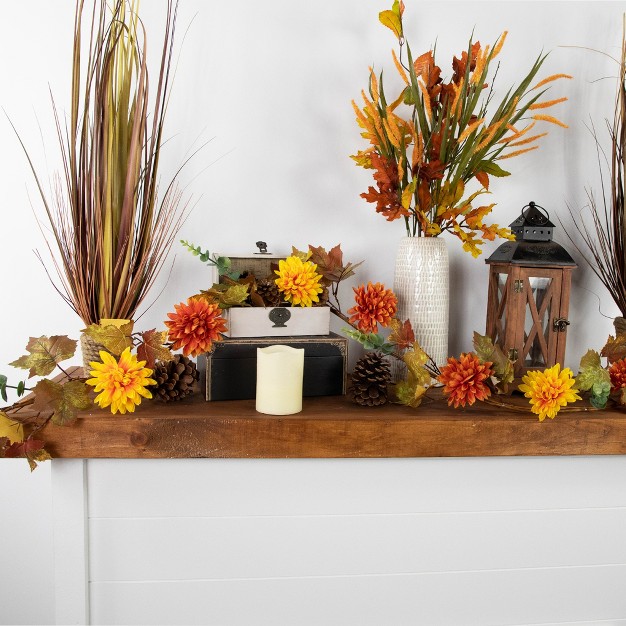 Autumn Harvest Orange And Yellow Mums With Maple Leaves Garland Unlit