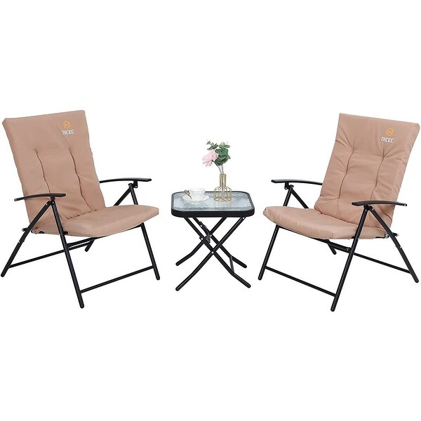 3-Piece Patio Dining Set， 1 Glass Table 2 Folding Reclining Chairs (Beige) - N/A - Overstock - 35491462