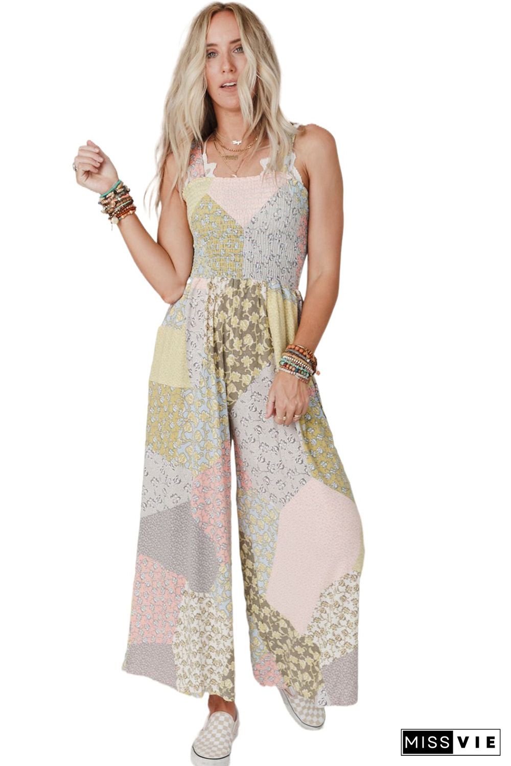 Multicolor Irregular Patchwork Print Smocked Wide Leg Jumpsuit