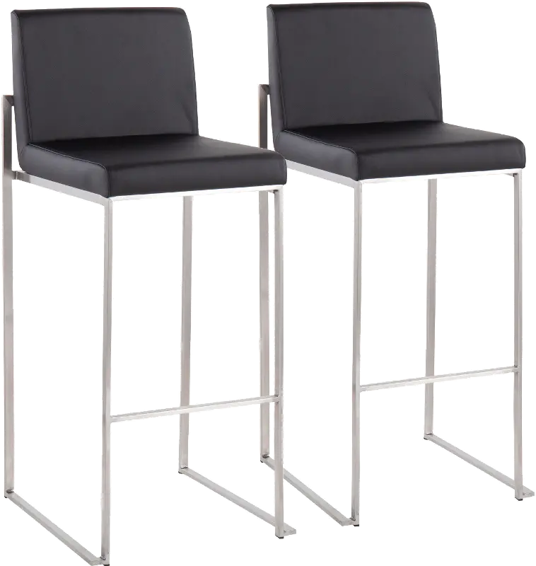 Fuji High Back Stainless and Black Faux Leather Barstools， Set of 2