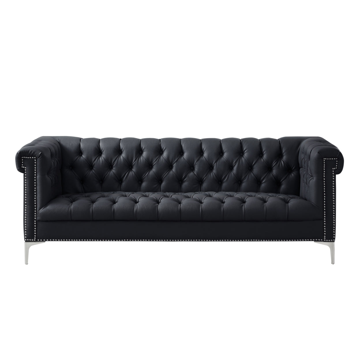 Steffi Leather Chesterfield Sofa-Silver Metal Legs-Button Tufted-Nailhead Trim-Modern-Livingroom-Inspired Home