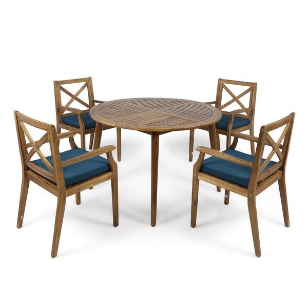 Pines Outdoor 5 Piece Acacia Wood Dining Set with Cushions by Christopher Knight Home