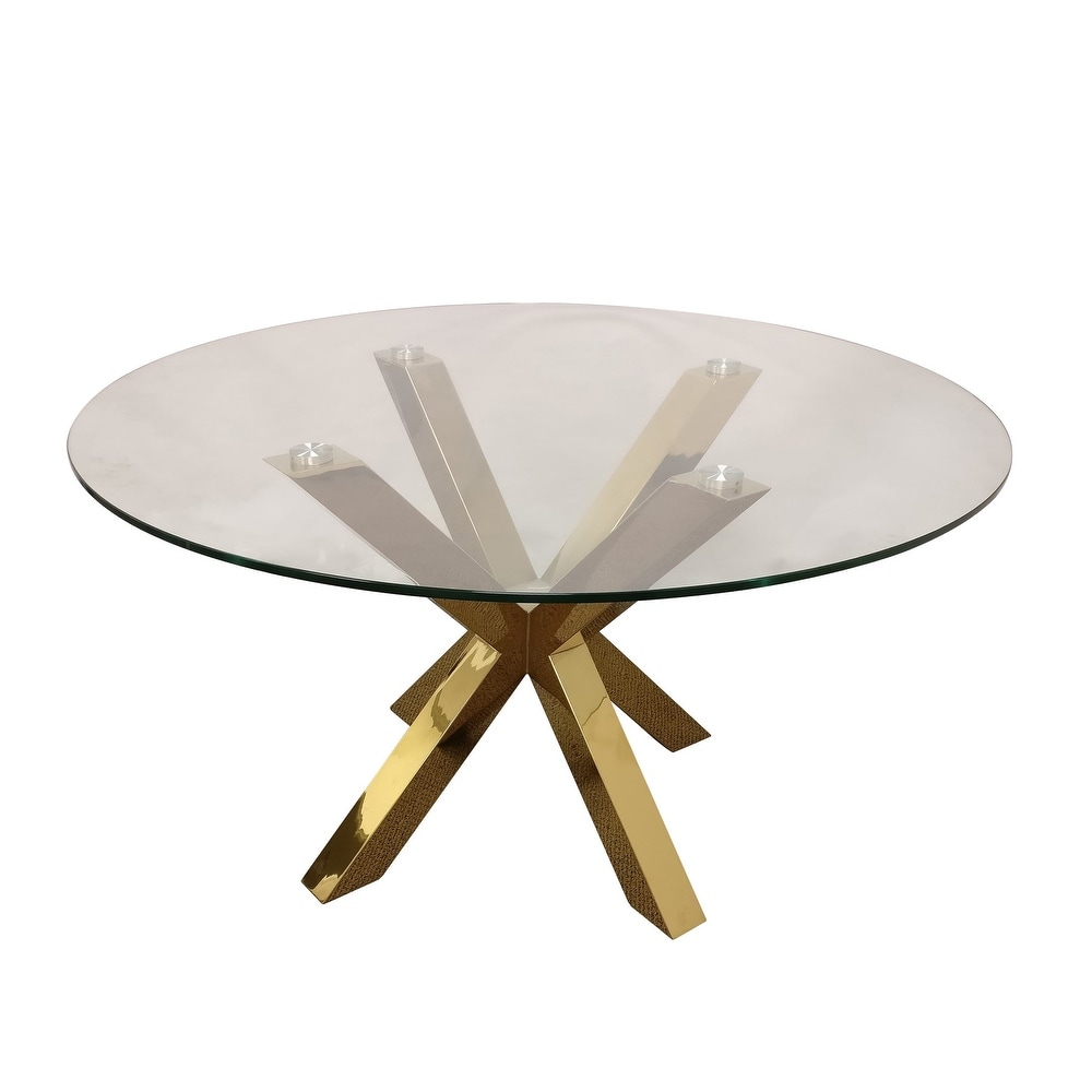 Clear Glass Top Dining Table with X Cross Medal Base