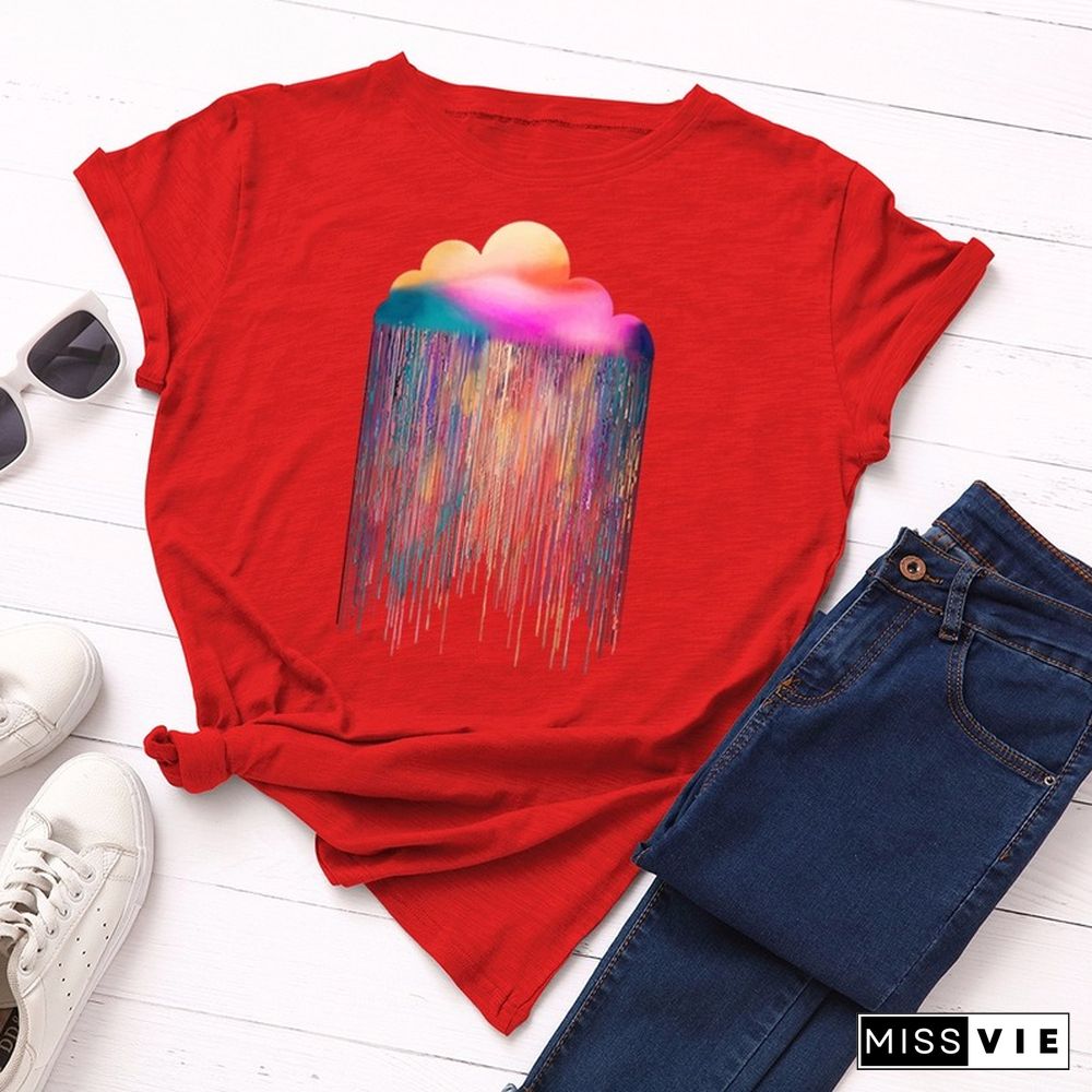 JCGO Summer Cotton Women T Shirt S-5XL Versatile Colorful Cloud Print Short Sleeve Tees Tops Casual Simple O-Neck Female TShirts