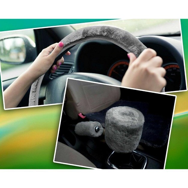 Zone Tech Non slip Car Decoration Steering Wheel Handbrake Gear Shift Plush Cover Auto Comfortable Thermal Steering Wheel Cover gray