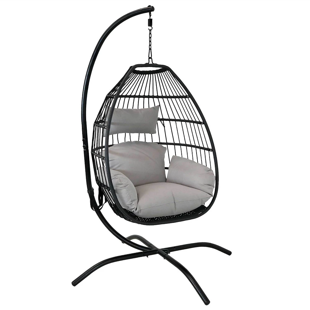 Sunnydaze Resin Wicker Hanging Egg Chair with Steel Stand/Cushions - Gray