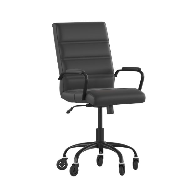 Camilia Mid-Back Black LeatherSoft Executive Swivel Office Chair with Black Frame， Arms， and Transparent Roller Wheels