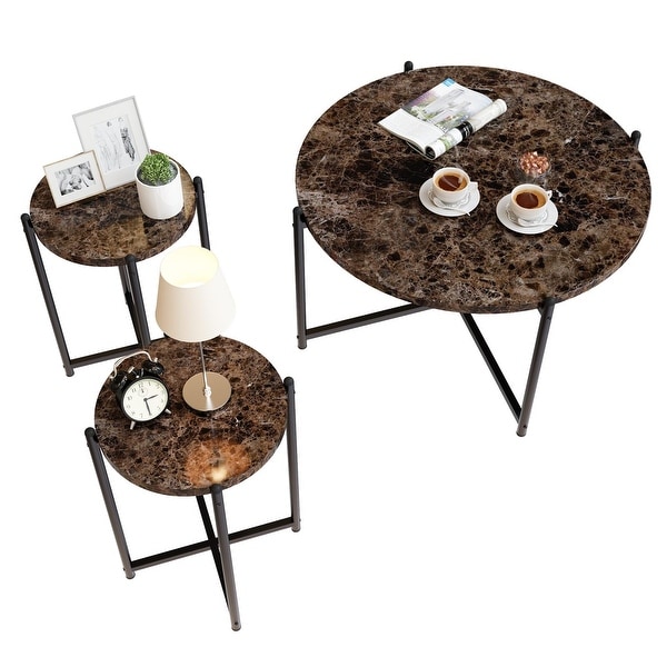 Round Coffee Table and 2pcs Side Table， Living Room Table Sets with Faux Marble Tabletop - 15.5