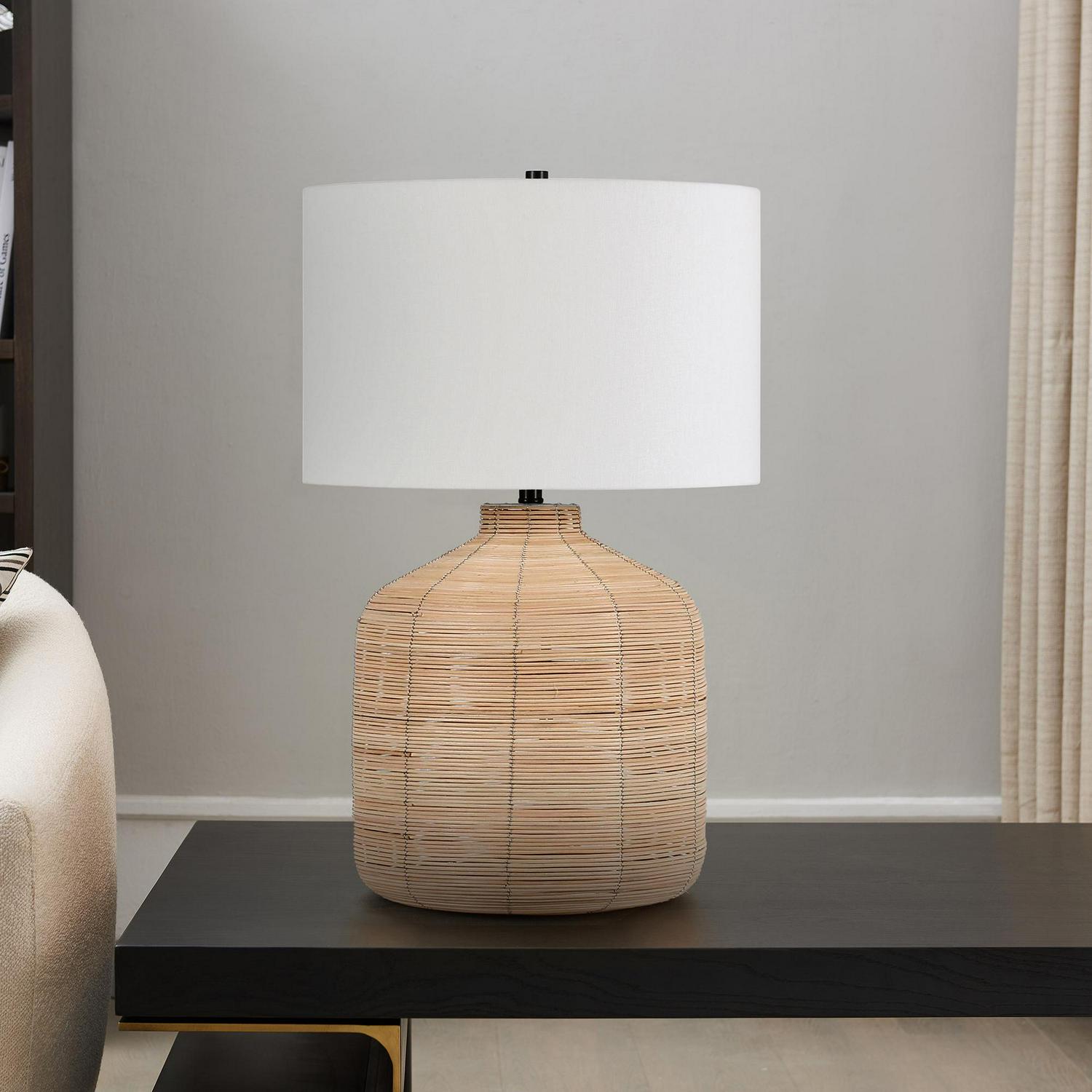 Modern Oversized Rattan Table Lamp with Blackened Steel Accents