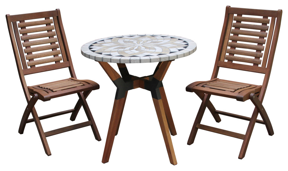 3 Piece Spanish Marble and Eucalyptus Bistro Set With Folding Chairs   Transitional   Outdoor Pub And Bistro Sets   by Outdoor Interiors  Houzz