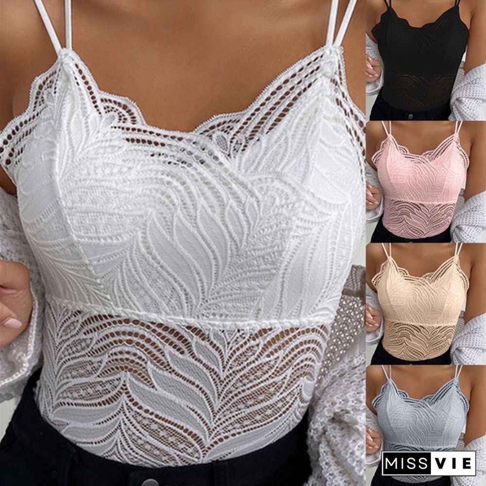 New Arrival Summer Fashion Women's Sexy V-Neck Spaghetti Strips Sleeveless Lace Vest Tops Solid Color Slim Fit Tank Top Plus Size