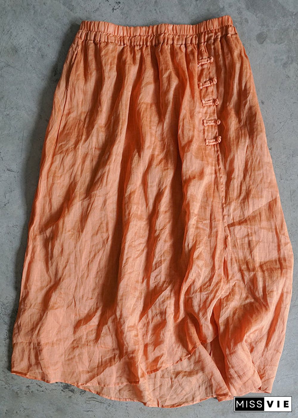 Style Orange elastic waist button Asymmetrical Linen Skirts Spring