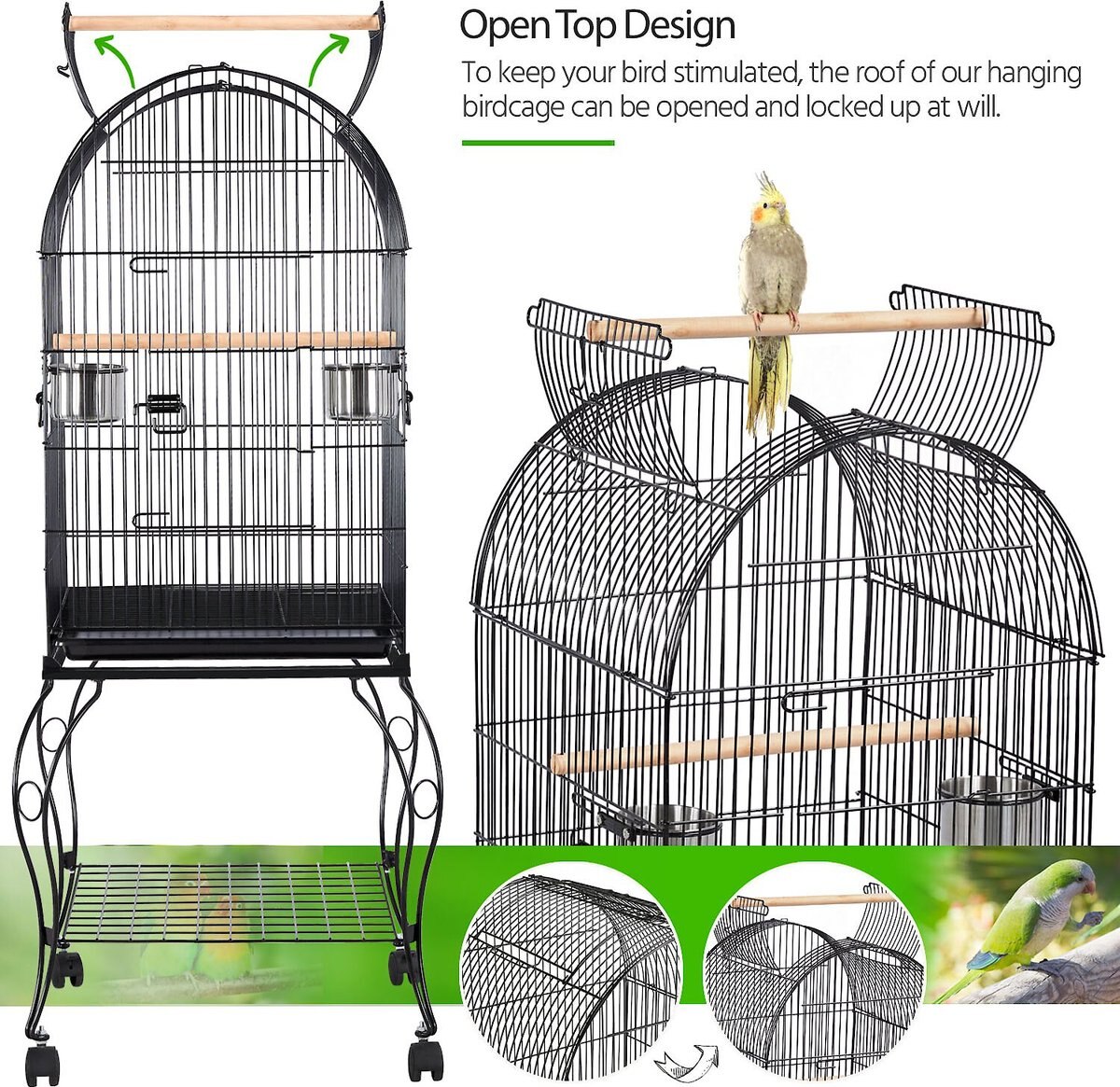 Yaheetech Open Top Rolling Metal Parrot Bird Cage， Black