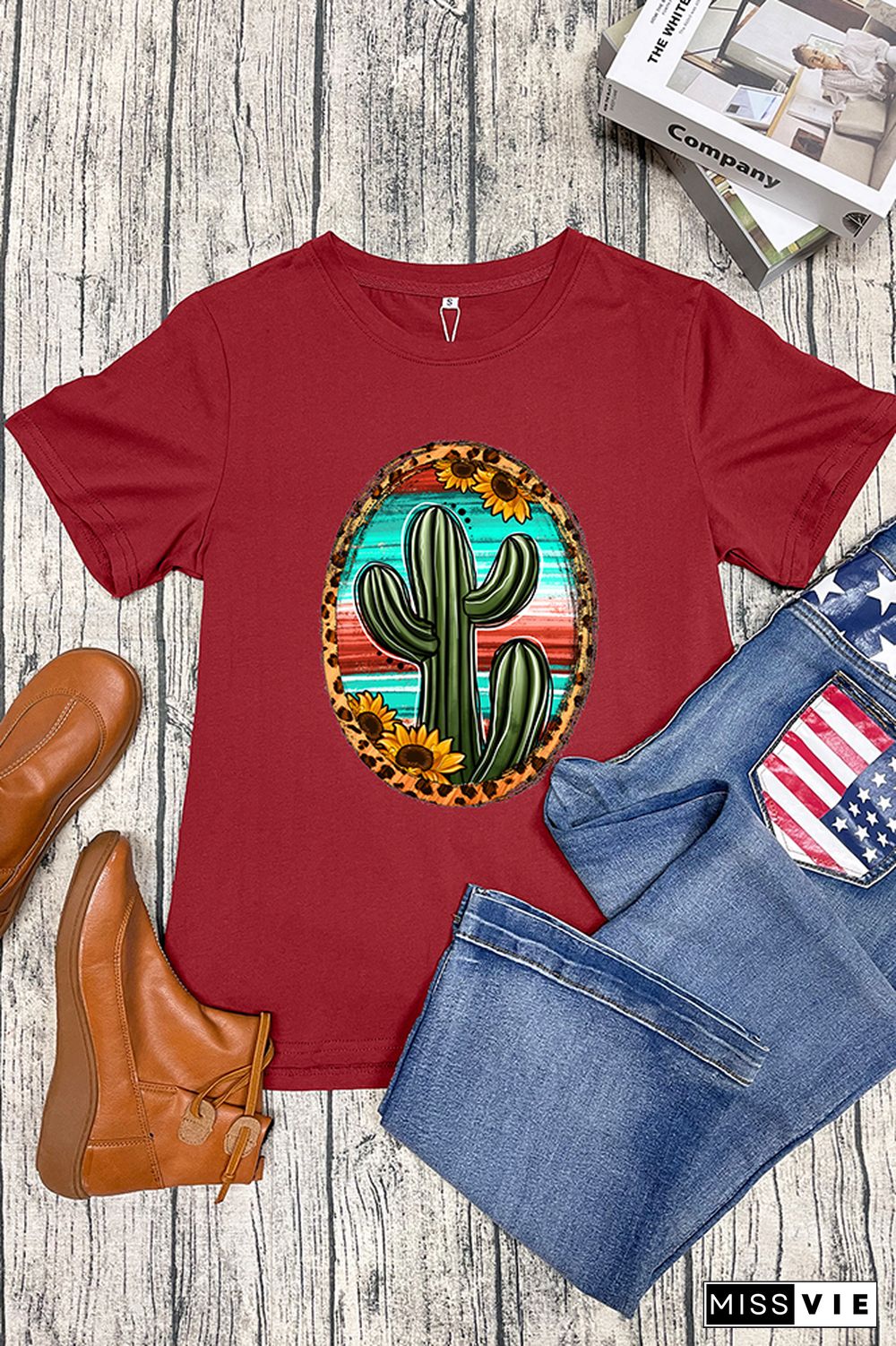 Serape And Sunflower Cactus Sleeve Graphic Tee Wholesale