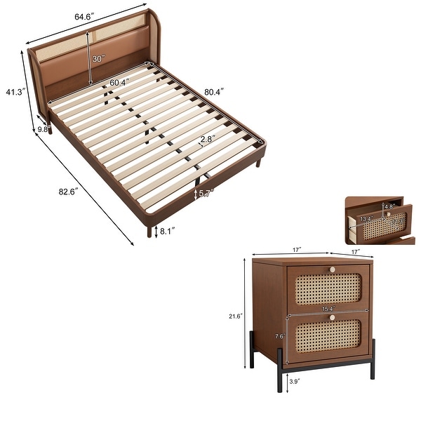 3 Pieces Modern Cannage Rattan Wood Bedroom set - - 37927693