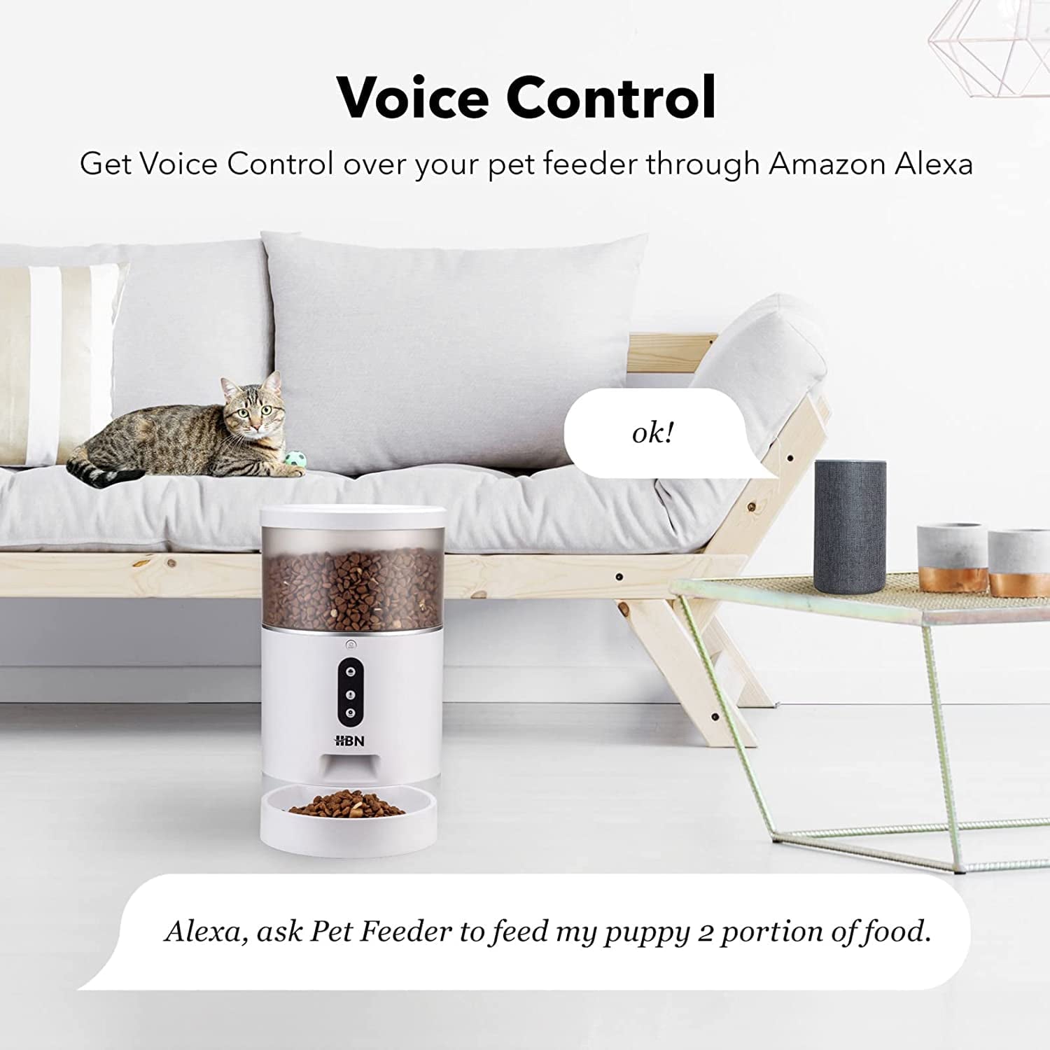 HBN Automatic Cat Feeder， 4L Smart Cats Dogs Feeder， Auto Pet Food Dispenser with Portion Control and Voice Recorder， 2.4G Wi-Fi Enabled App Control