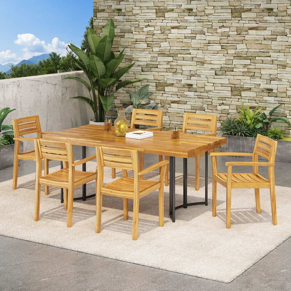 Noah Outdoor Modern Industrial 7 Piece Acacia Wood Dining Set by Christopher Knight Home