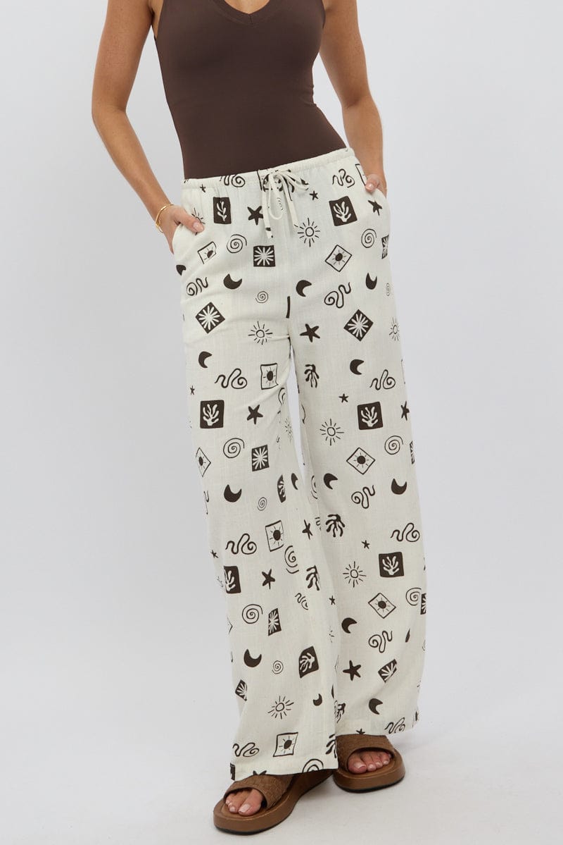 Beige Abstract Wide Leg Pants High Rise
