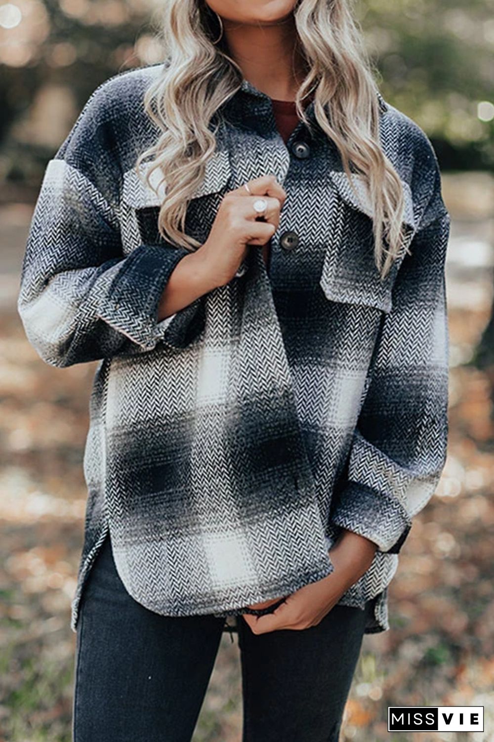 Plaid Pocket Open Button Jackets