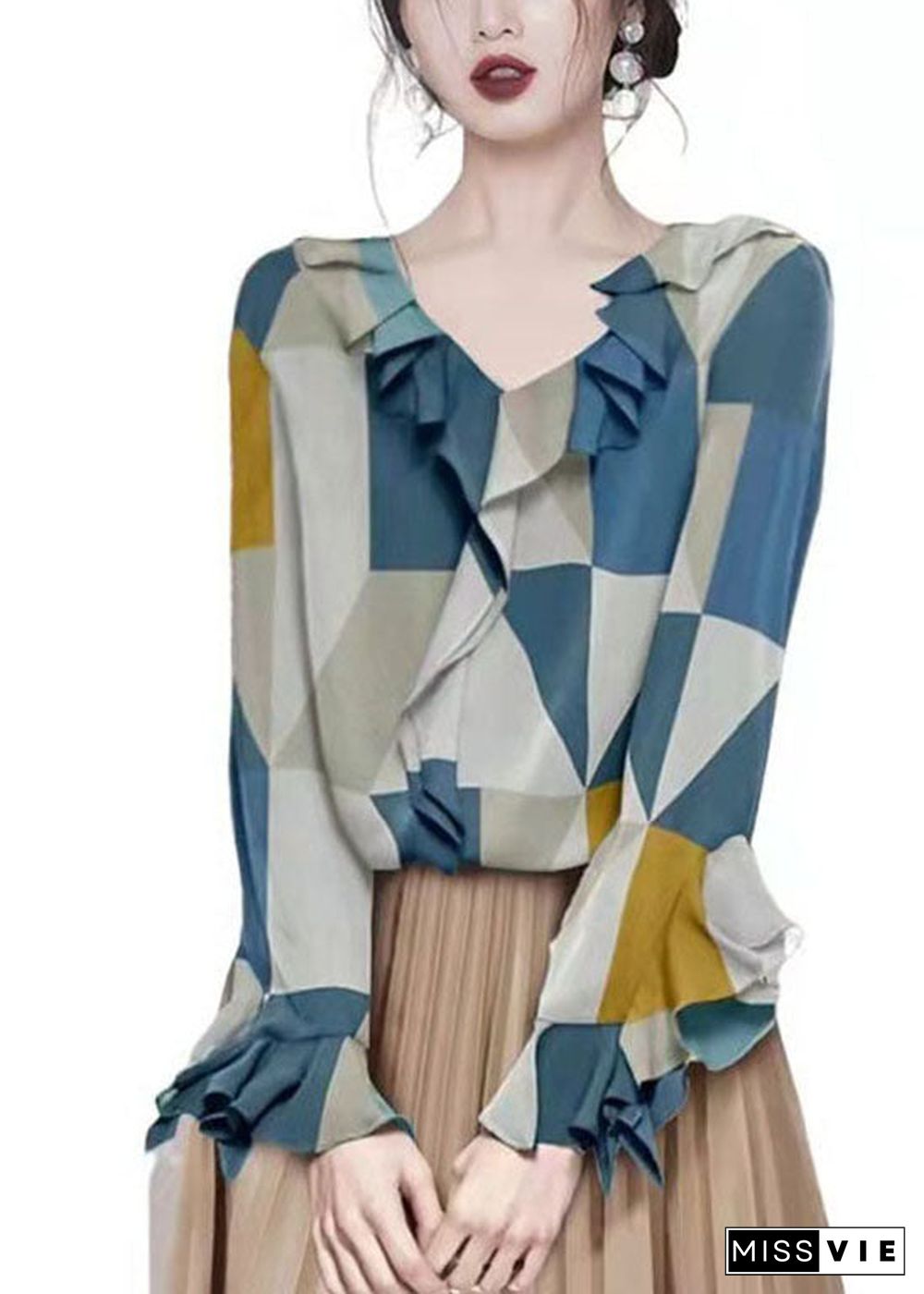 Fashion Colorblock V Neck Ruffled Chiffon Shirt Tops Long Sleeve