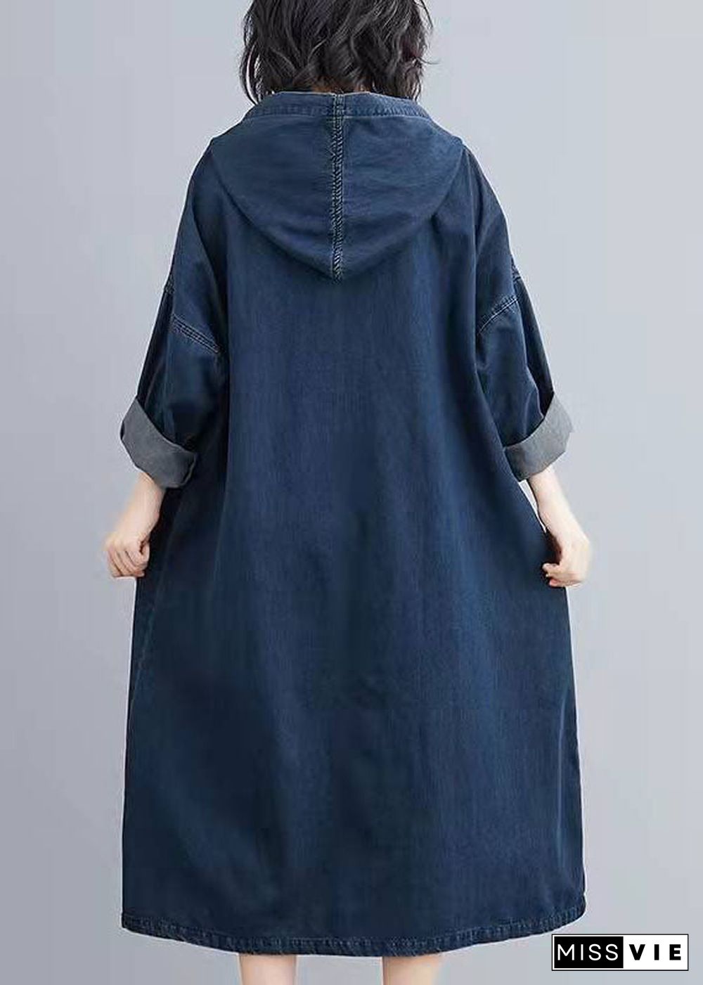 Italian Hooded Pockets Spring Clothes Women Denim Blue Traveling Dresses