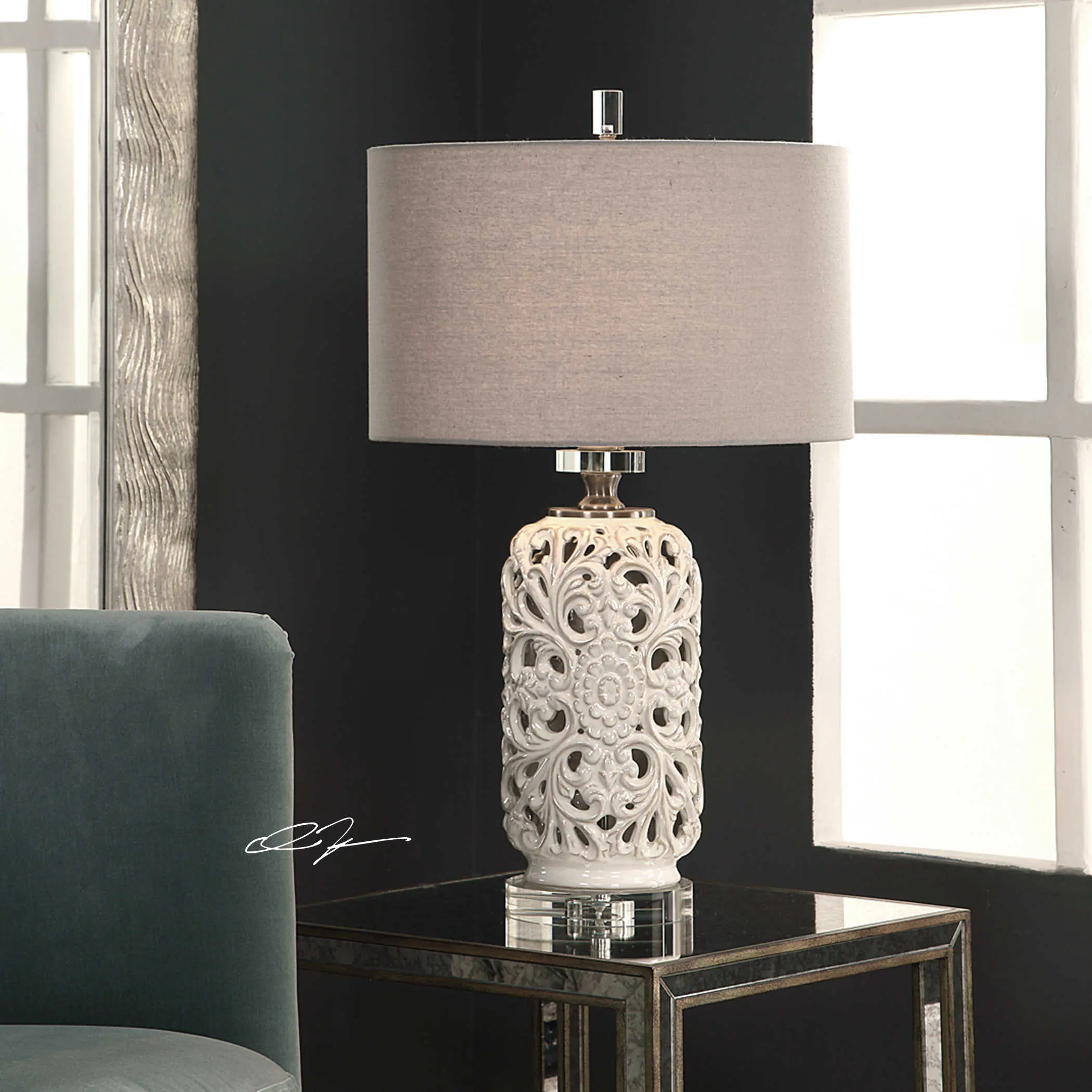 Pierced Ceramic Cream Table Lamp with Crystal Detailing