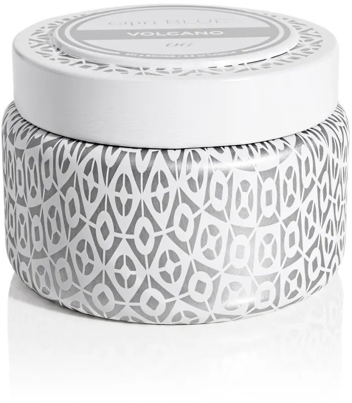 8.5 oz Volcano Signature White and Silver Printed Travel Tin Candle