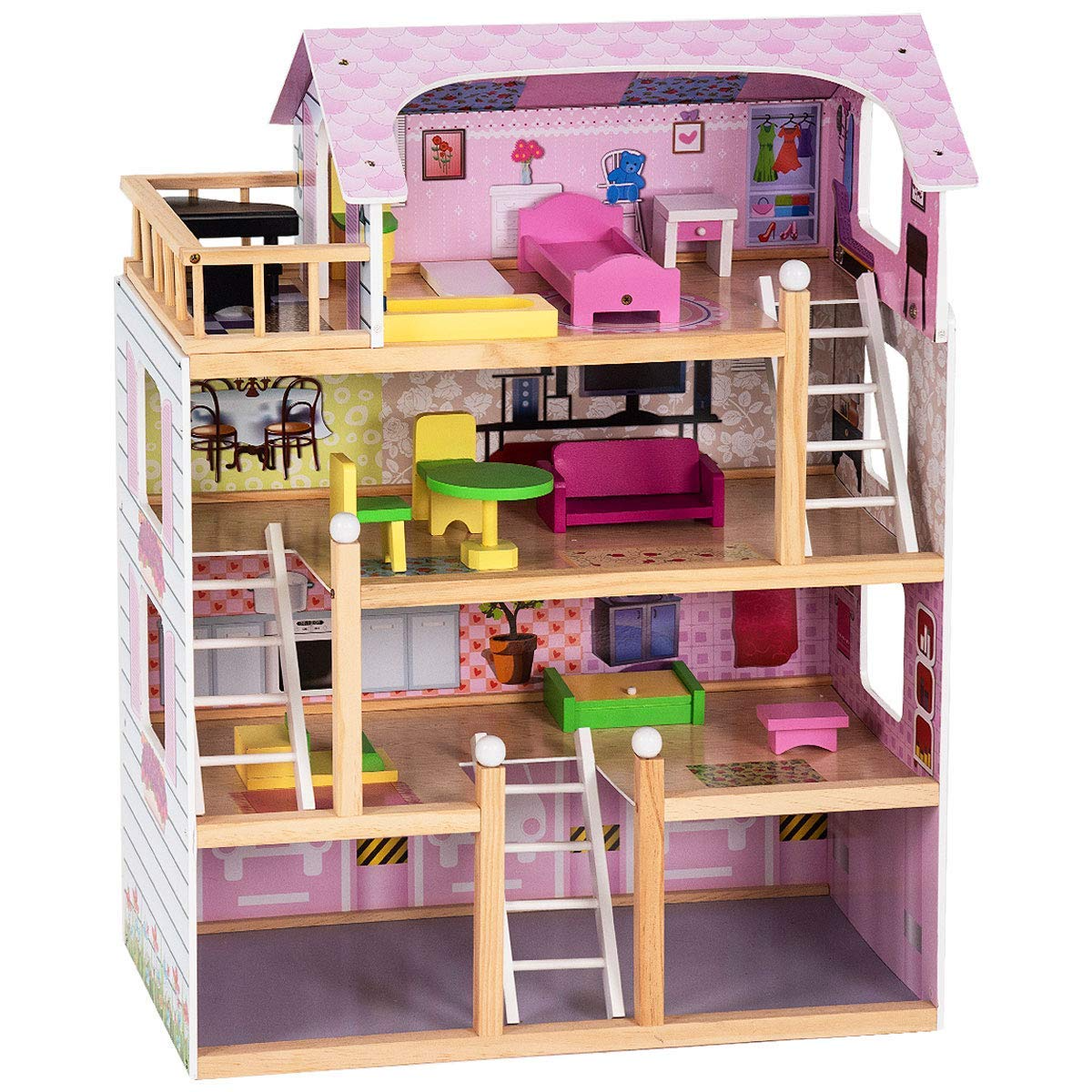 Costzon Dollhouse, Toy Family House with 13 pcs Furniture, Play Accessories