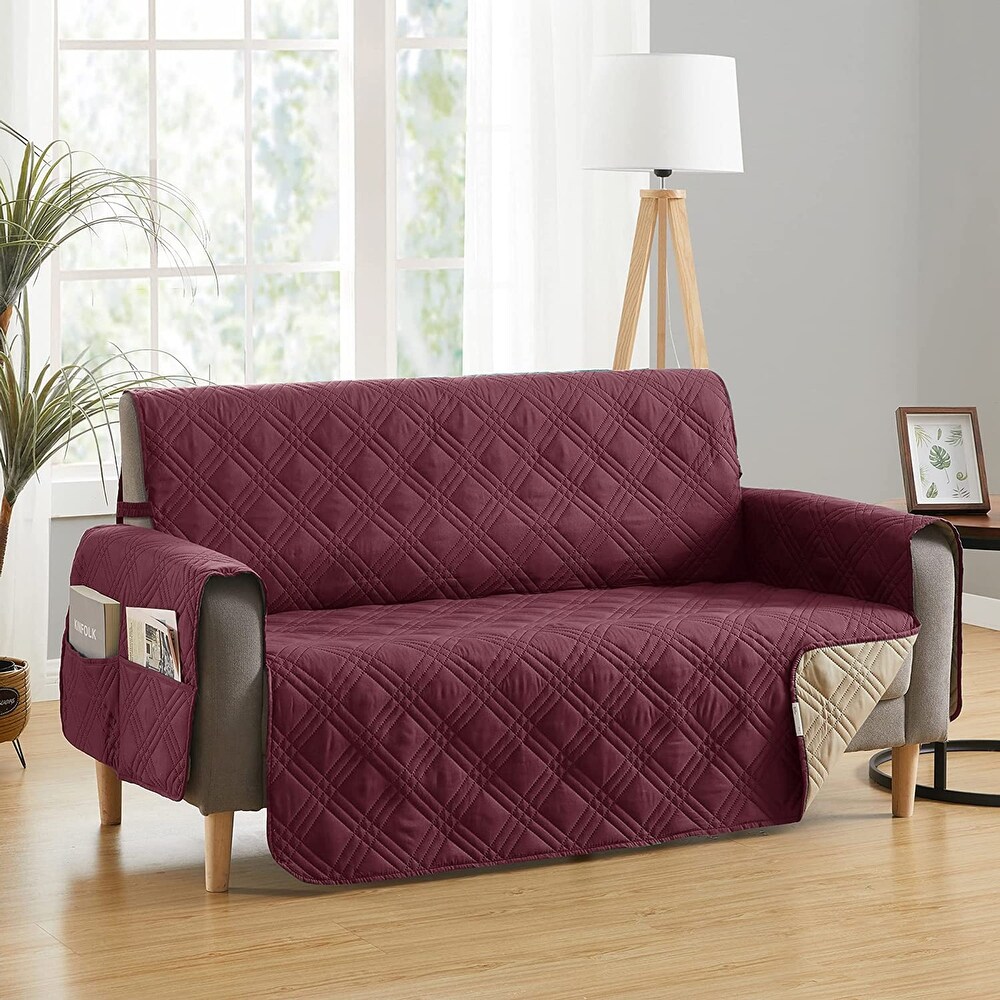 Teflon Newfield Reversible Love Seat Cover  Burgundy and Tan