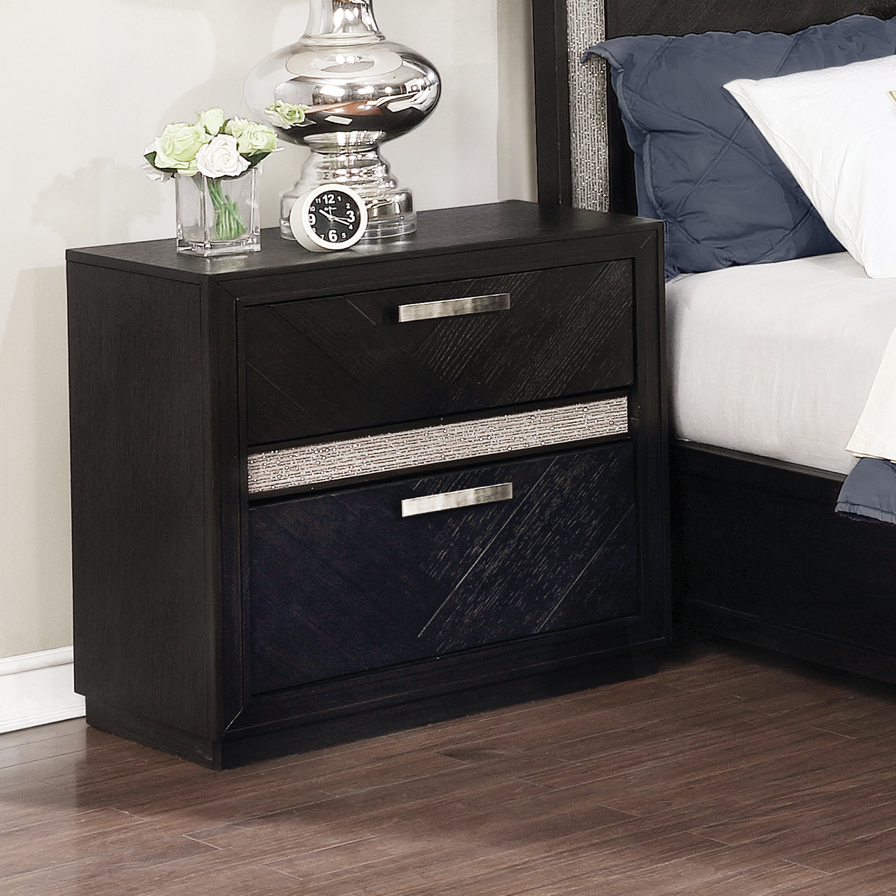 Chula Vista 2-drawer Nightstand Caviar and Brushed Nickel