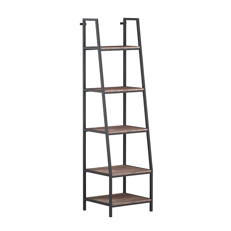 JOMEED Freestanding Industrial 5 Tier Open Shelf Ladder Bookcase， Gray and Brown