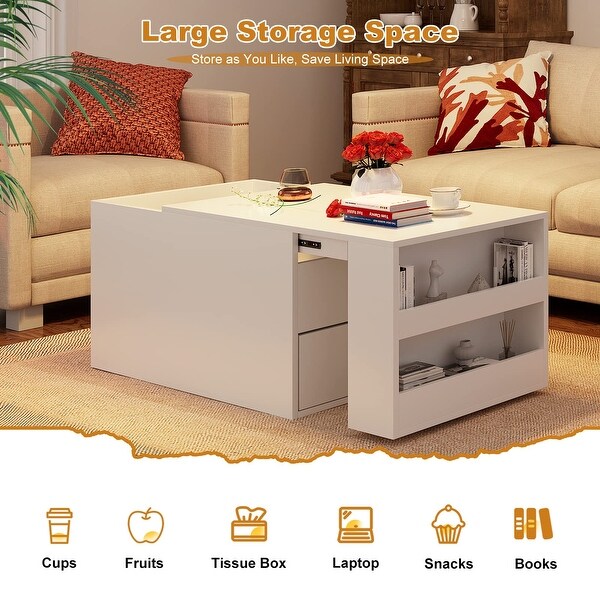 Coffee Table with Hidden Sliding Storage Drawer，Extendable Coffee Table， Modern Coffee Desk for Living Room Reception Room，White