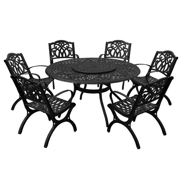 Modern Ornate Outdoor Mesh Aluminum 59in Large Round Patio Dining Set with Lazy Susan and Six Chairs