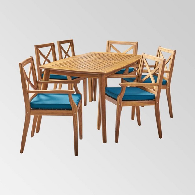 Llando 7 pc Acacia Wood Dining Set Teak blue Christopher Knight Home