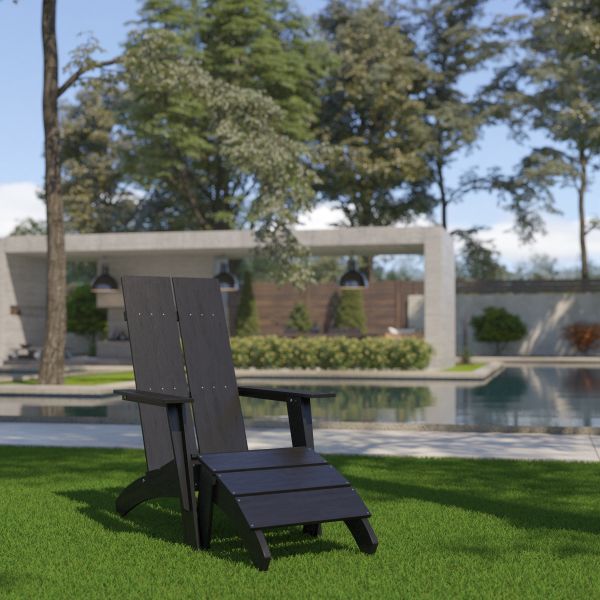 Sawyer Modern Commercial All-Weather Poly Resin Wood Adirondack Chair with Foot Rest in Black