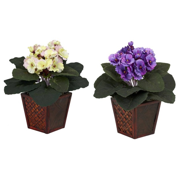 Nearly Natural 10 in African Violet W vase Silk Plant set Of 2