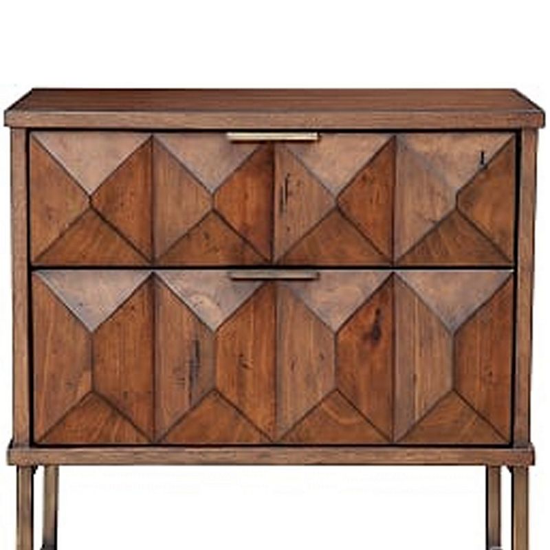 2 Drawer Nightstand with Honeycomb Design and Metal Legs， Brown