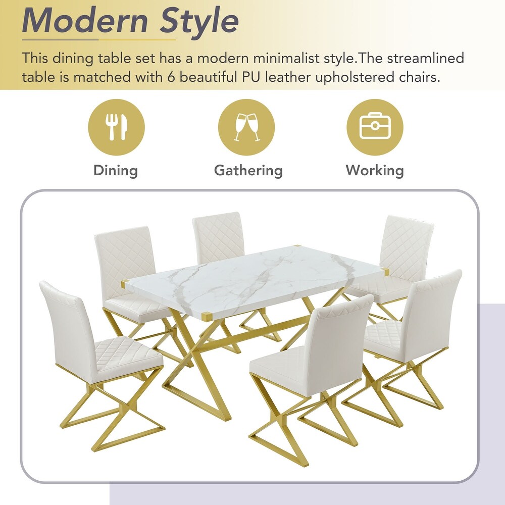 Modern 7 Piece Dining Set: Rectangular Faux Marble Table  PU Leather Chairs with Gold Steel Legs