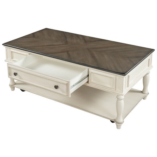 Classic wooden cocktail coffee table with removable vintage center drawers and open shelves