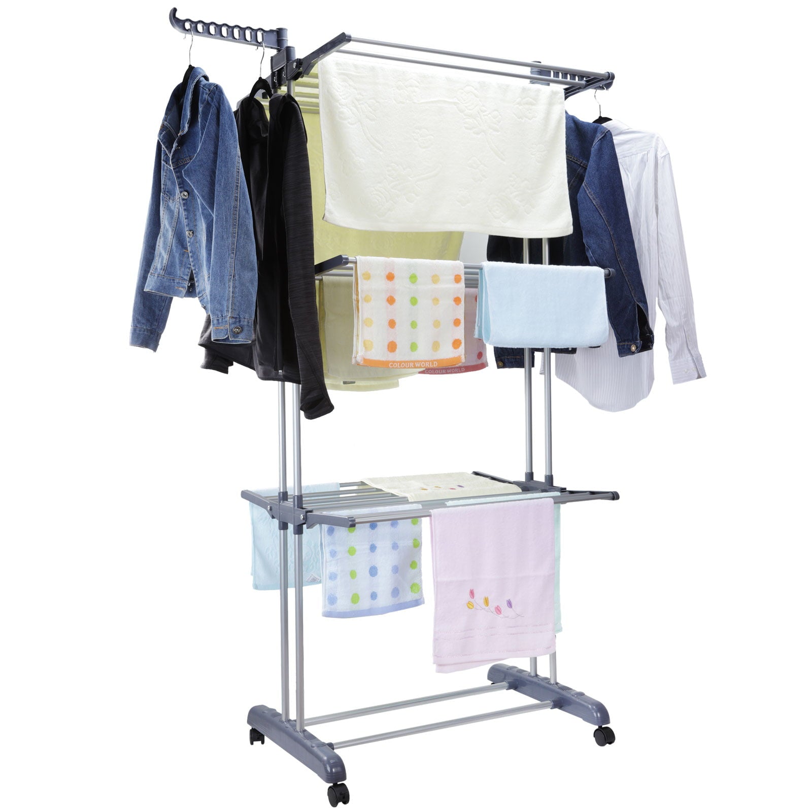 Voilamart Clothes Drying Rack, 3-Tier Collapsible Rolling Dryer Clothes Hanger Adjustable Large Stainless Steel Garment Laundry Racks with Foldable Wings Indoor Outdoor, Gray