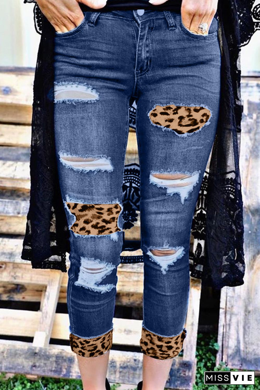 Distressed Leopard Patches Blue Skinny Jeans