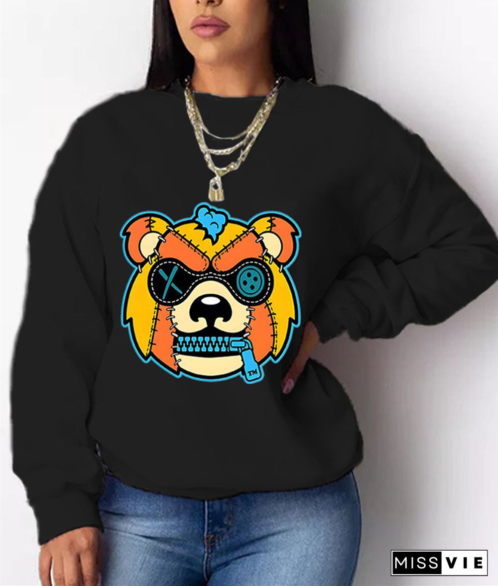 Cartoon Print Long Sleeve Casual Sweatshirt Tops