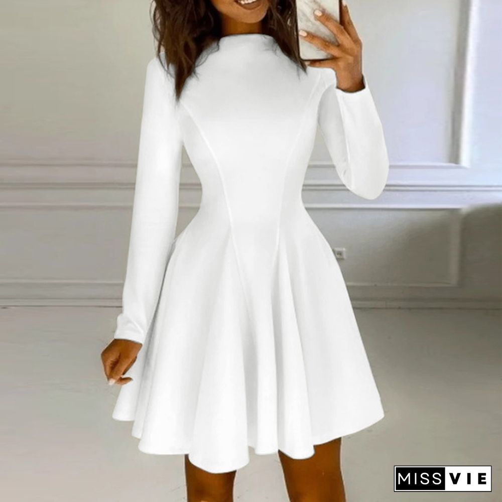 Women Long Sleeve Mock Neck Skater Dress Club Mini Dress