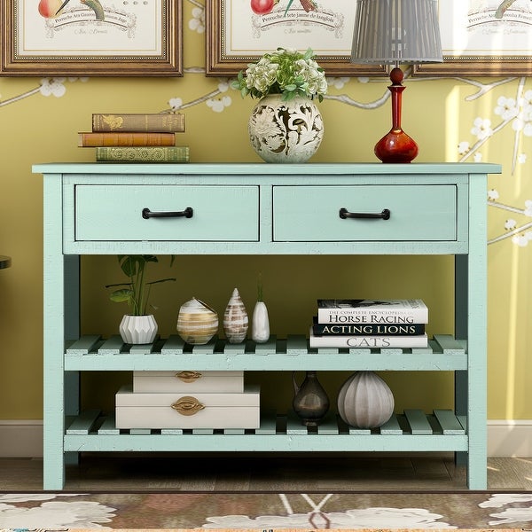 Retro Console Table for Entryway with Drawers and Shelf， Antique Blue